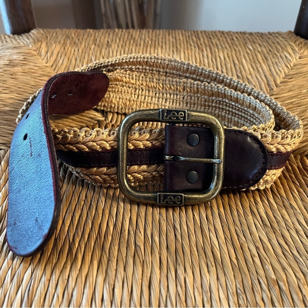 Vintage Lee Woven Jute & Leather Belt Western Boho Brass Buckle